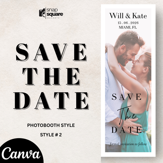Canva design template for Save the date photo magnet  with a couple embracing, featuring Canva branding.
