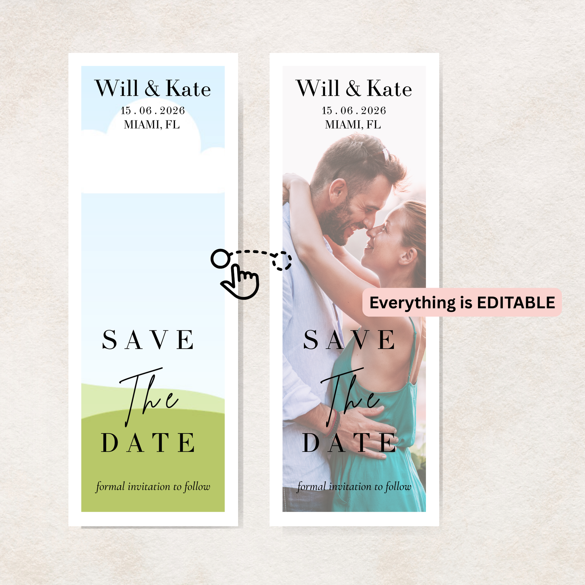 Canva design template for  'Save the Date' photo magnet with a couple embracing, featuring customizable text on a light background.