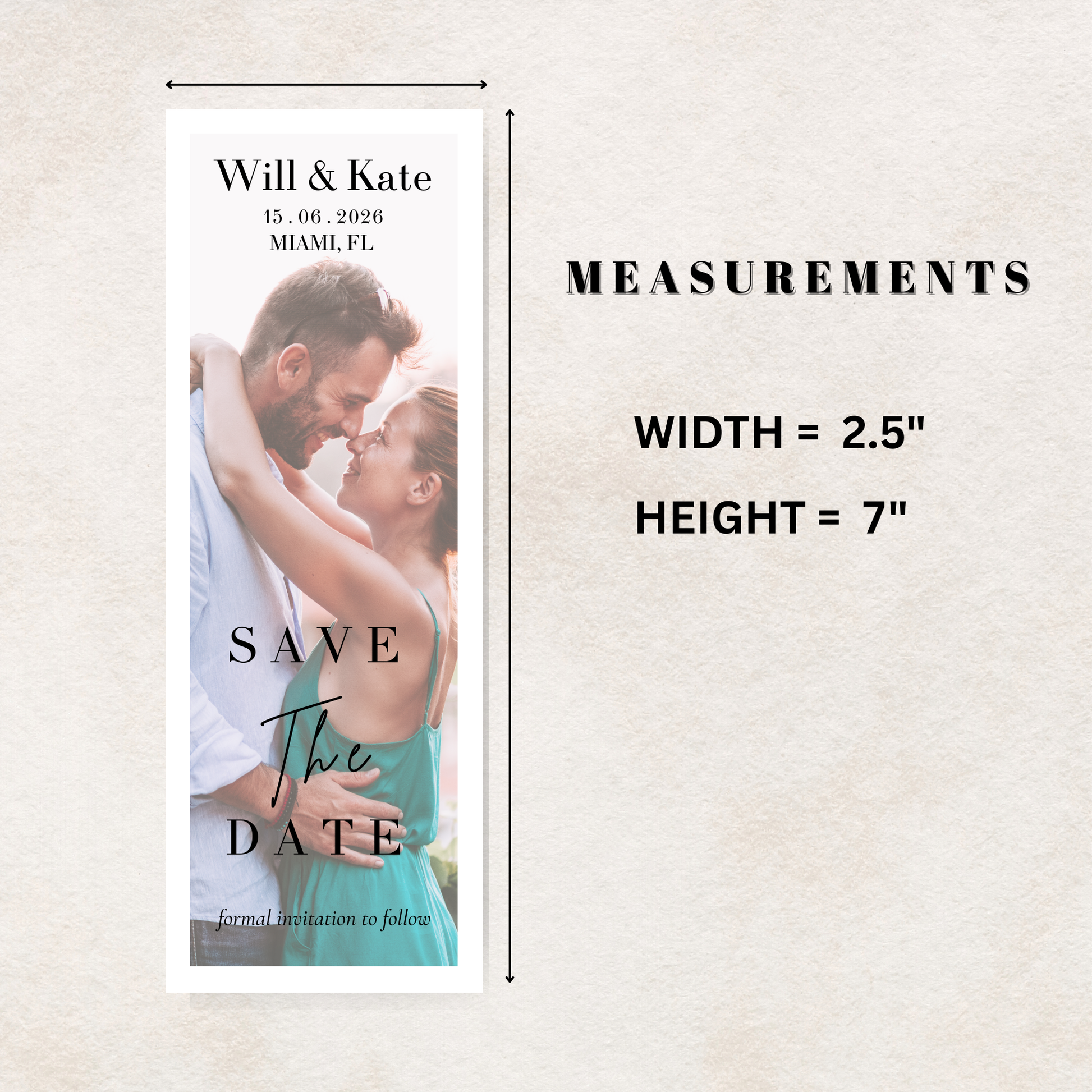 Canva design template for Save the date photo magnet with a couple embracing, dimensions displayed on a light background
