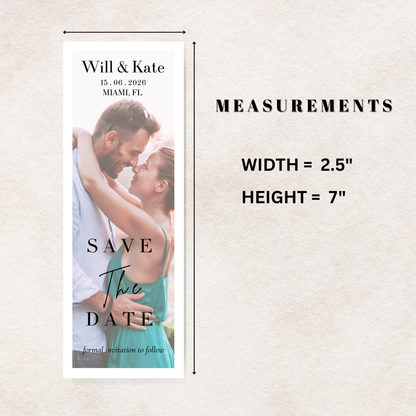 Canva design template for Save the date photo magnet with a couple embracing, dimensions displayed on a light background