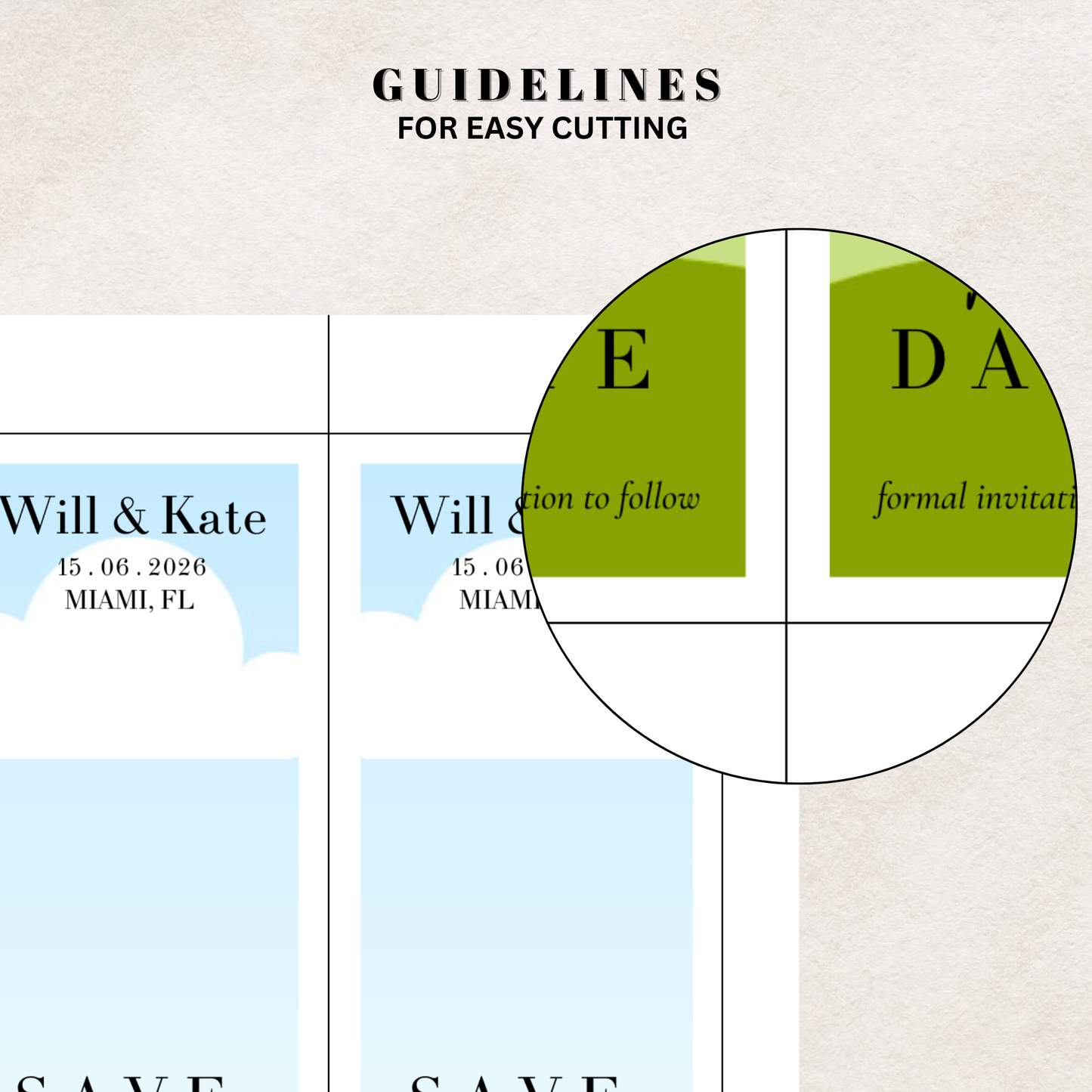 Canva design templates with cut-out guidelines Save the date photo magnets