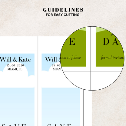 Canva design templates with cut-out guidelines Save the date photo magnets