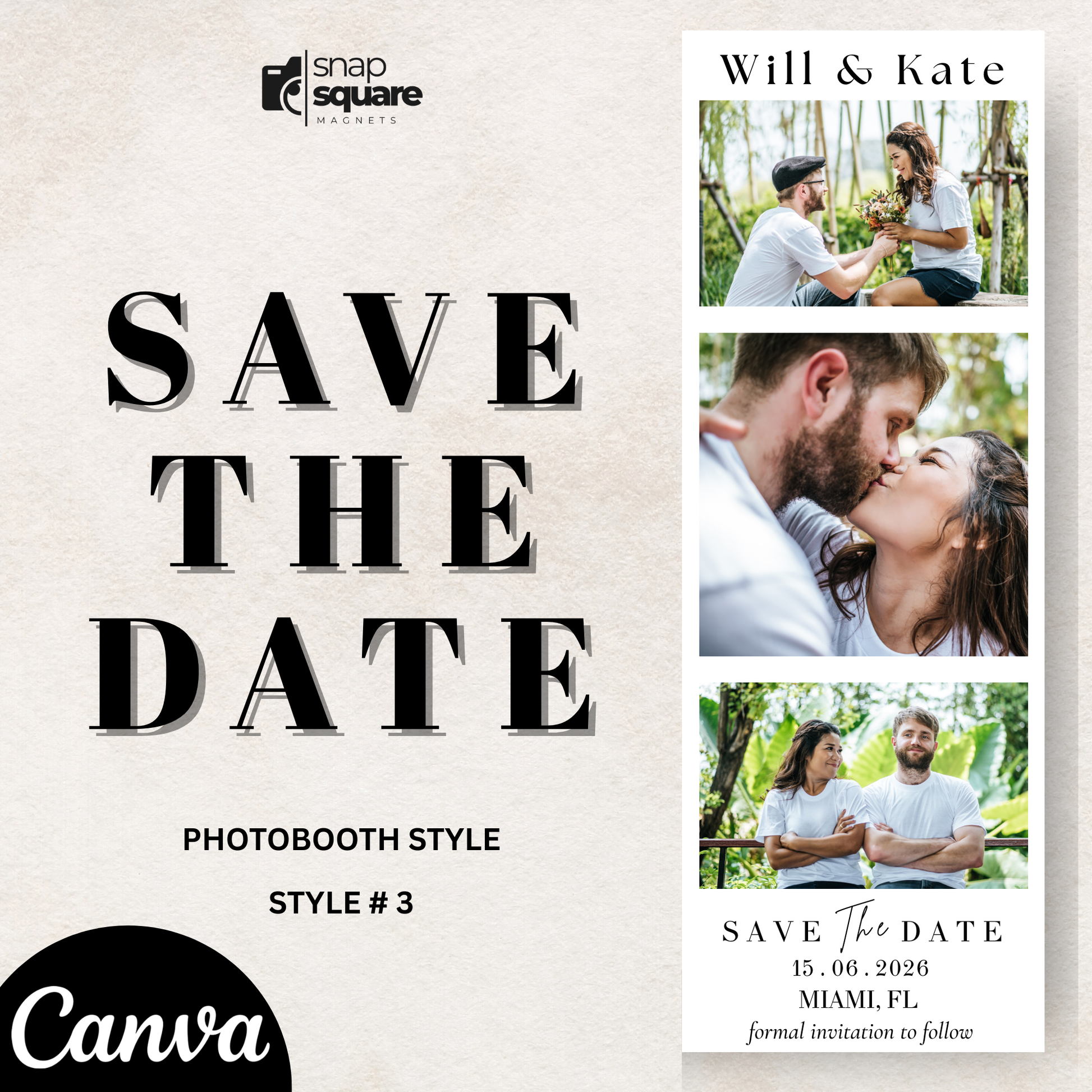 Save the date canva template for Photo Magnet with a collage of images and text, featuring 'Canva' branding.