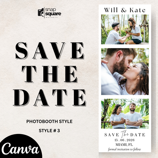Save the date canva template for Photo Magnet with a collage of images and text, featuring 'Canva' branding.
