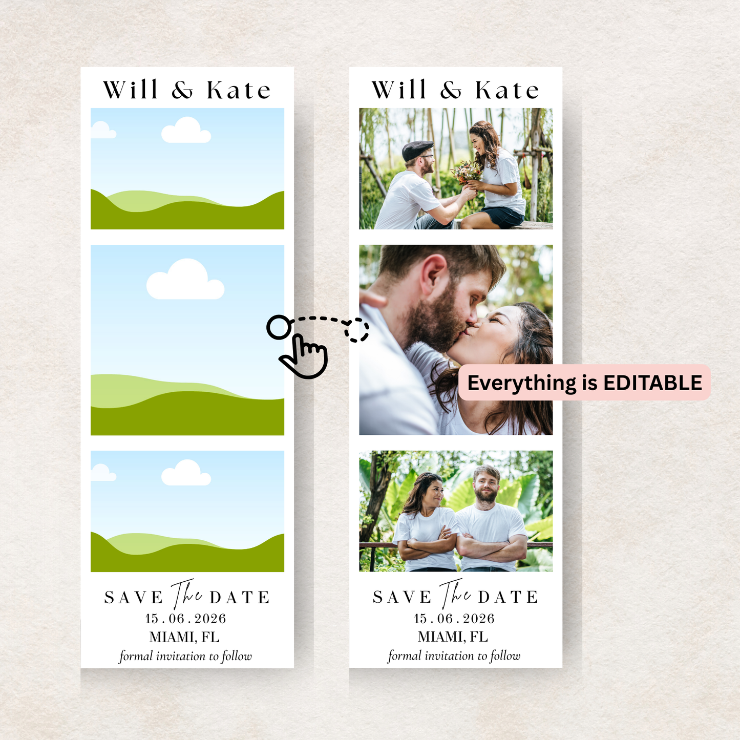 Two Canva design template for 'Save the Date' photo magnets with customizable elements on a light gray background.