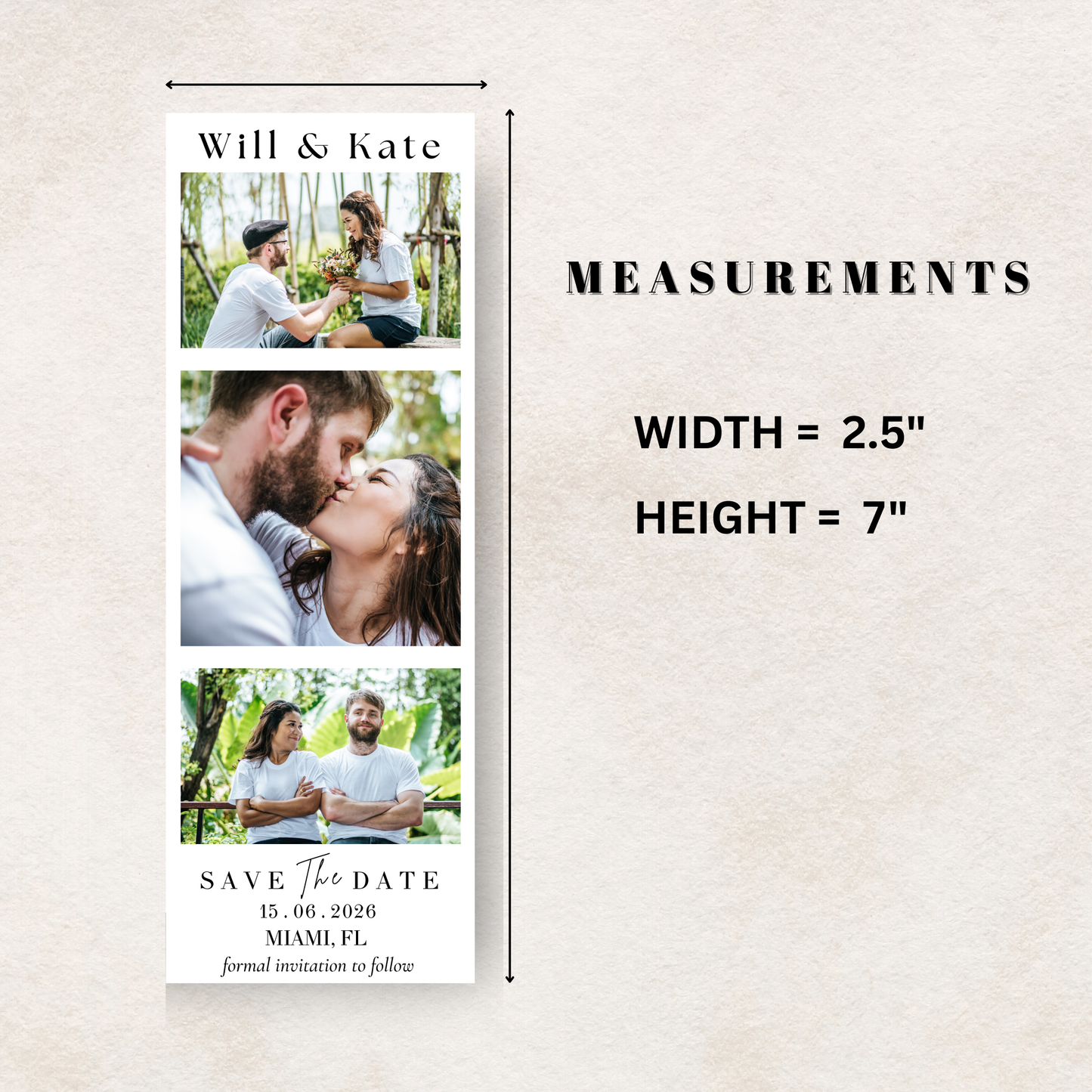 Canva design template with couple pictures for photo magnet Save the date 