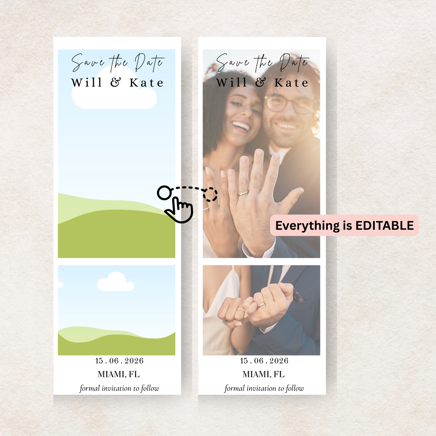 Two 'Save the Date' canva template with a couple's photo and text on a light gray background.