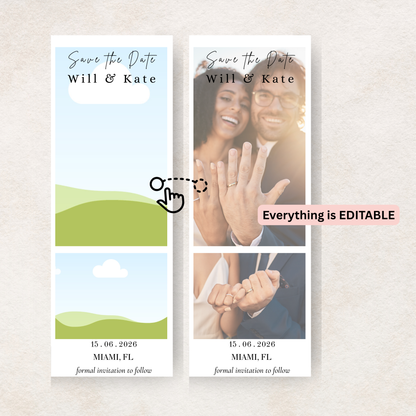 Two 'Save the Date' canva template with a couple's photo and text on a light gray background.