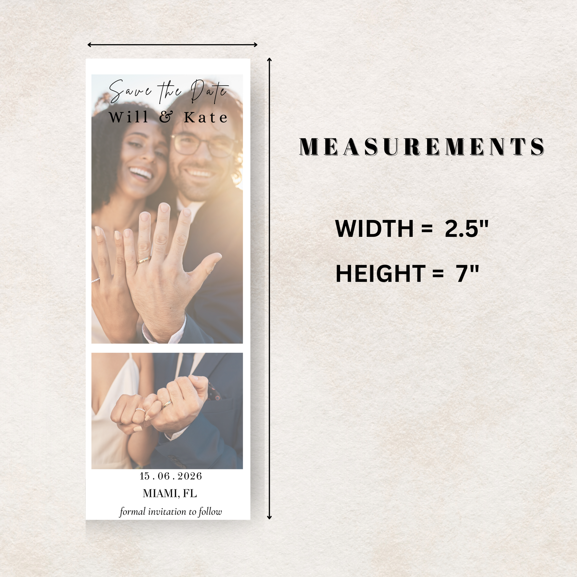 Save the date magnet with couple holding hands and ring, measurements displayed.