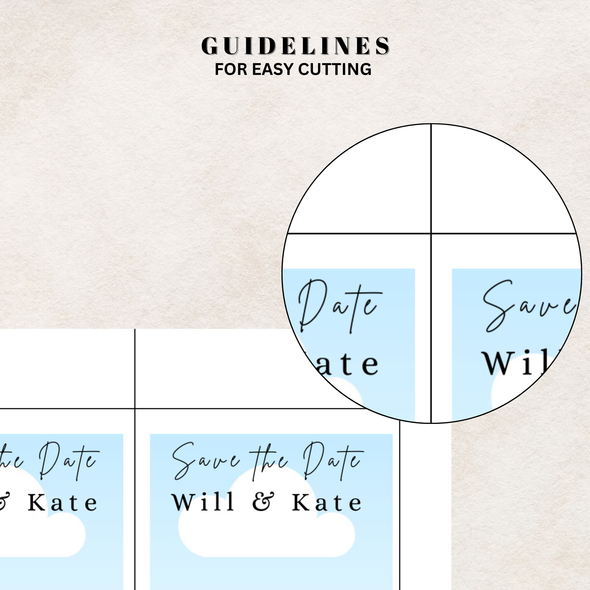 Design guidelines for Canva template with cutout labels with 'Date' and 'Save the Date' text on a beige background.
