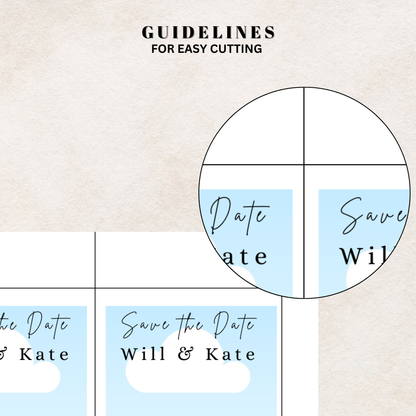 Design guidelines for Canva template with cutout labels with 'Date' and 'Save the Date' text on a beige background.