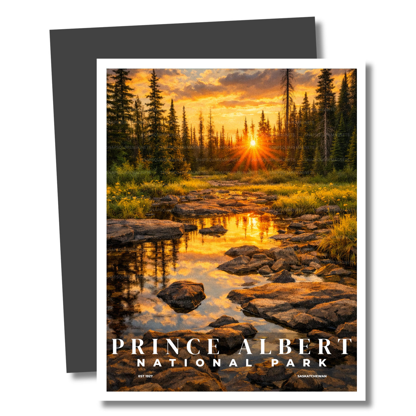 Magnet of Prince Albert National Park with a sunset over a forest and stream.