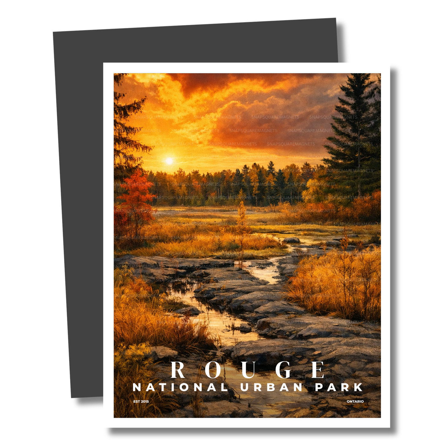 Magnet of Rouge National Urban Park with a sunset over a forest and stream.