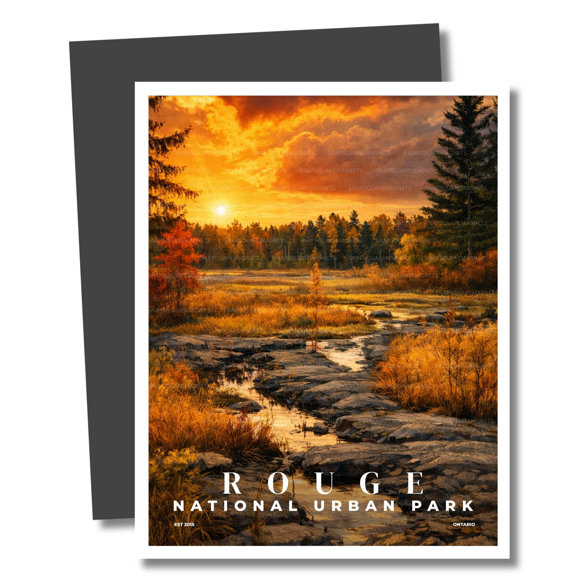 Magnet of Rouge National Urban Park with a sunset over a forest and stream.