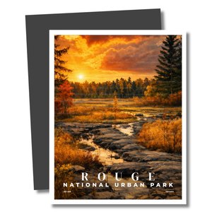 Magnet of Rouge National Urban Park with a sunset over a forest and stream.