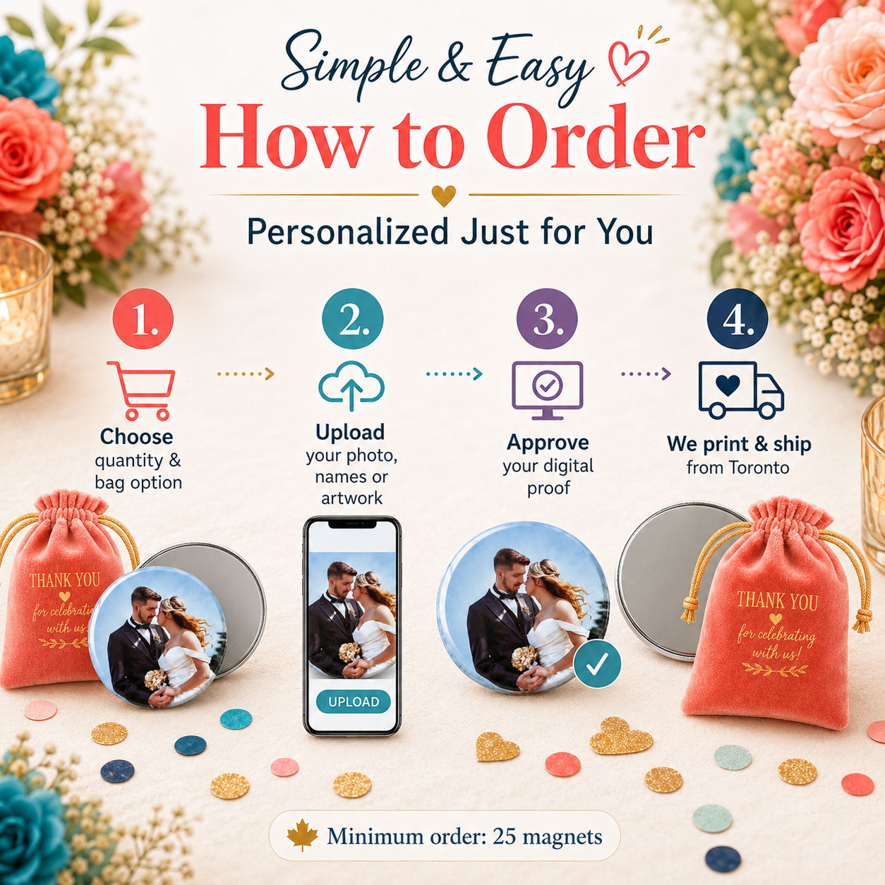 An infographic titled 'Simple & Easy How to Order' explains the ordering process for personalized wedding magnets. It shows four numbered steps with icons and text, alongside examples of printed round magnets, a phone screen with a photo upload interface, and small pink thank-you drawstring bags.