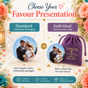Promotional graphic for wedding favour presentation, showing two options: a Standard individual packaged magnet on the left and an Individual velvet favour bag on the right. The background is decorated with flowers, confetti, and candles, with text explaining that the magnets come individually packaged and the velvet bag can be added for each favour.