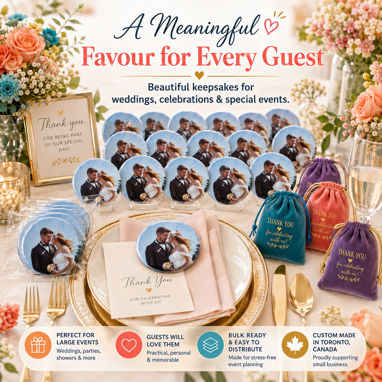 Custom printed wedding favour bags and matching napkins displayed on a decorated table, featuring a couple's photo, 'Thank You' text, and drawstring pouches in blue, pink, orange, and purple. Promotional text at the top reads 'A Meaningful Favour for Every Guest' with feature icons at the bottom.