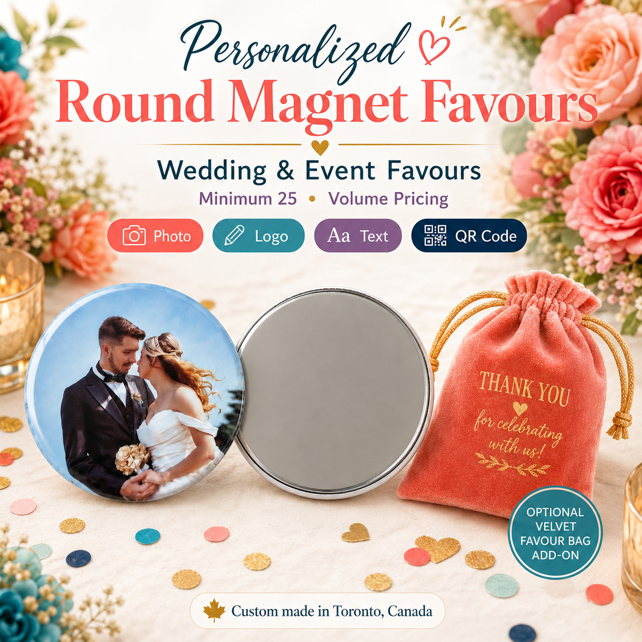Custom round wedding event favor magnet with a printed photo of a couple, shown alongside a silver mirrored magnet and a coral pink velvet drawstring favor bag with gold text. The image is a promotional graphic with floral decorations, confetti, and text reading 'Personalized Round Magnet Favors' and 'Wedding & Event Favors'.