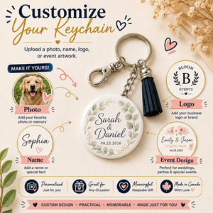 Customizable round keychain promotional graphic with a silver key ring, dark navy tassel, and a white engraved keychain example featuring floral artwork and the names Sarah & Daniel with the date 08.22.