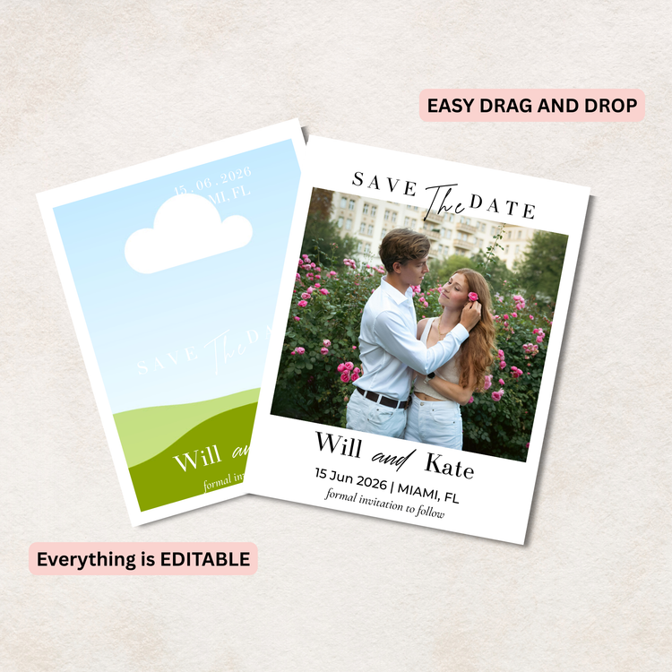 Save the date Canva Template with a couple in a garden and editable text options on a light background.