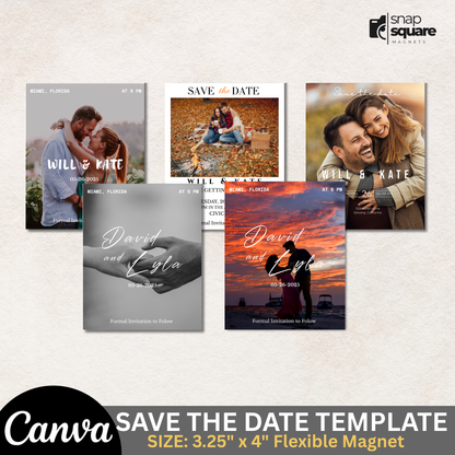 Collection of 'Save the Date' magnet templates with various designs on a light gray background.