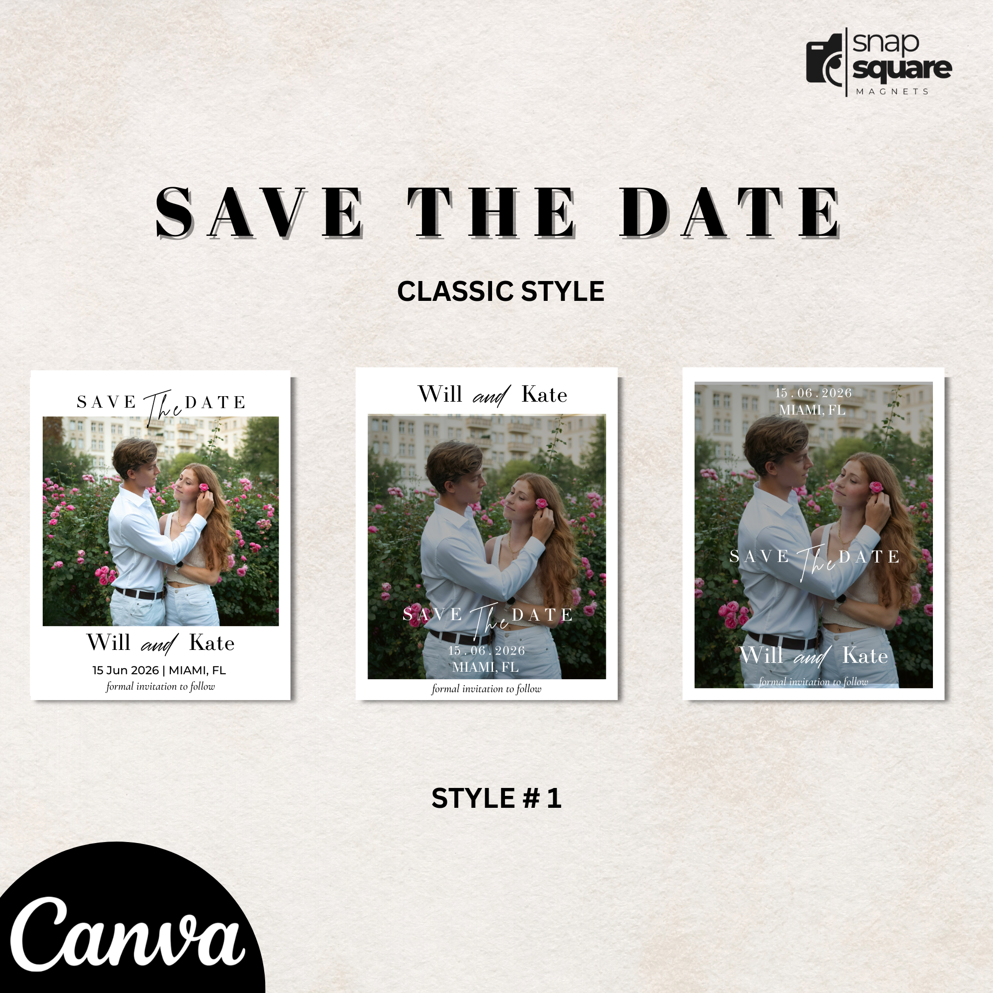 Three 'Save the Date' photo booth style cards with featuring Canva branding.