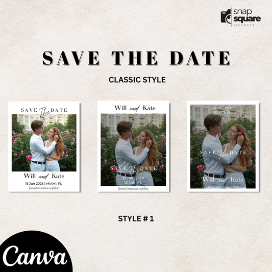 Three 'Save the Date' photo booth style cards with featuring Canva branding.