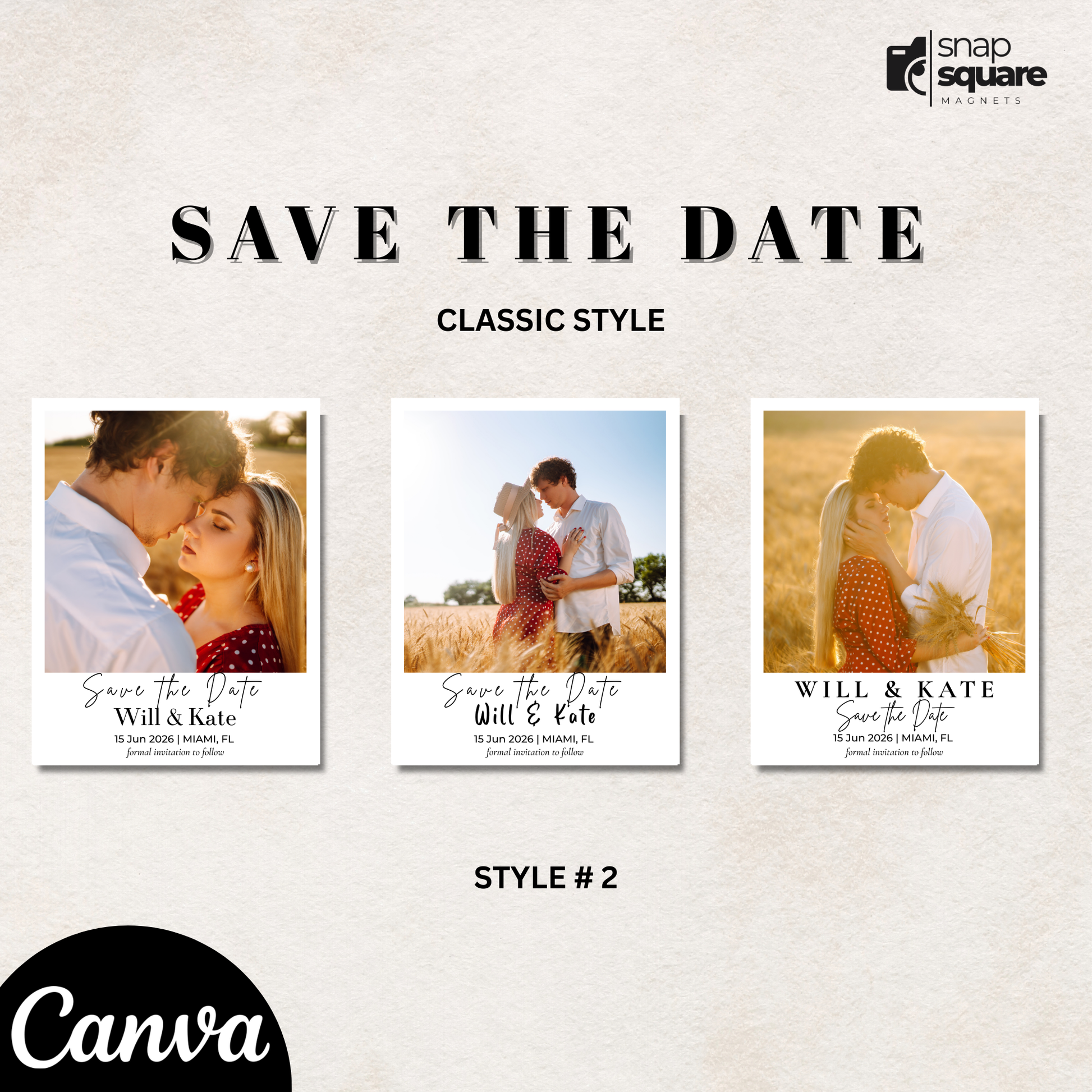 Three 'Save the Date' card designs with a couple, featuring Canva branding.
