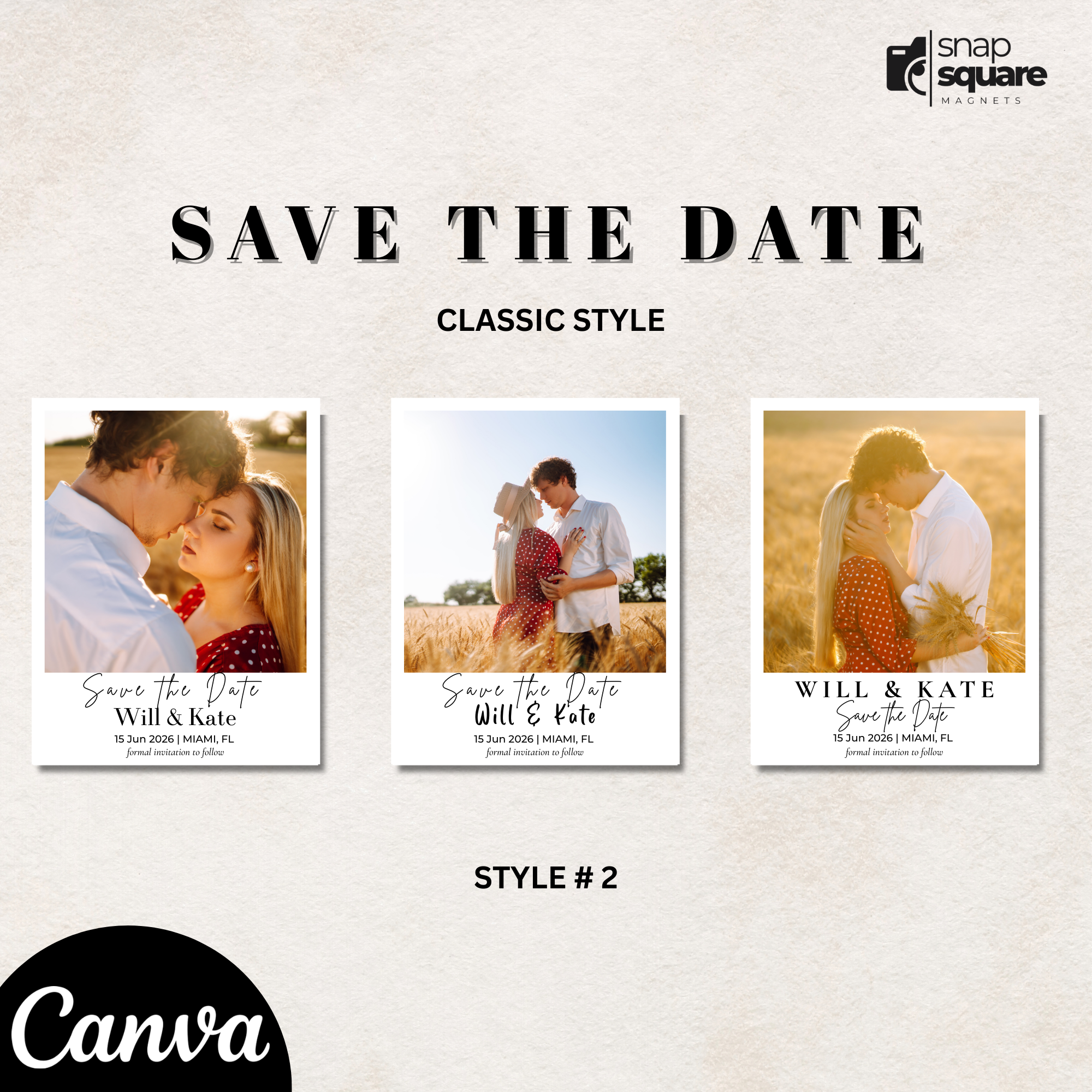 Three 'Save the Date' card designs with a couple, featuring Canva branding.