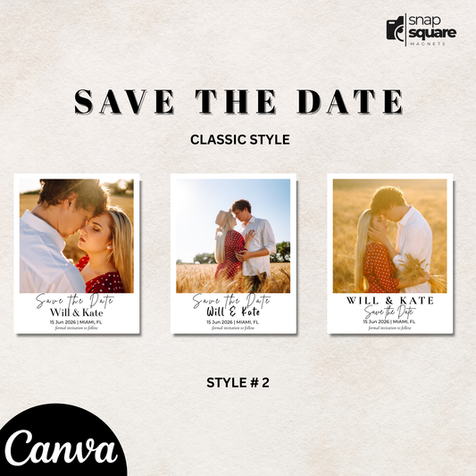 Three 'Save the Date' card designs with a couple, featuring Canva branding.