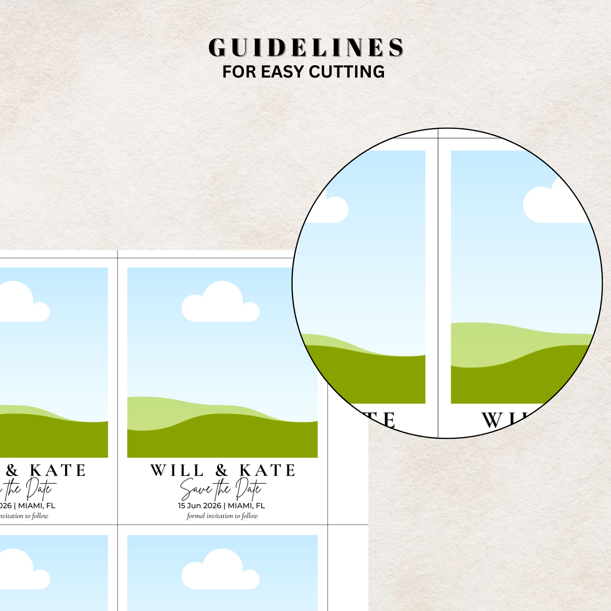 Wedding save the date canva template with cut line guide.
