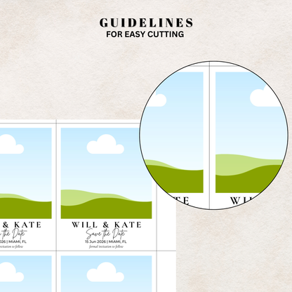 Wedding save the date canva template with cut line guide.