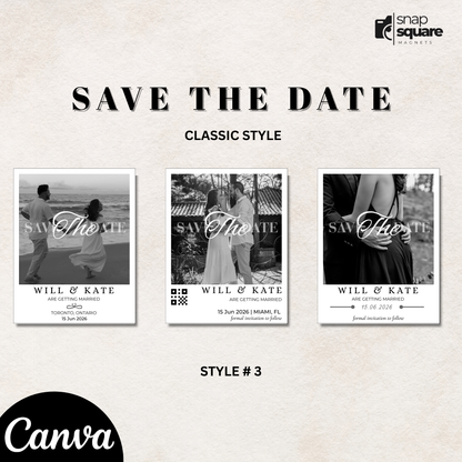 Save the date cards with personalized text on a light background, featuring the Canva brand.