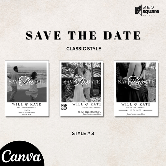 Save the date cards with personalized text on a light background, featuring the Canva brand.