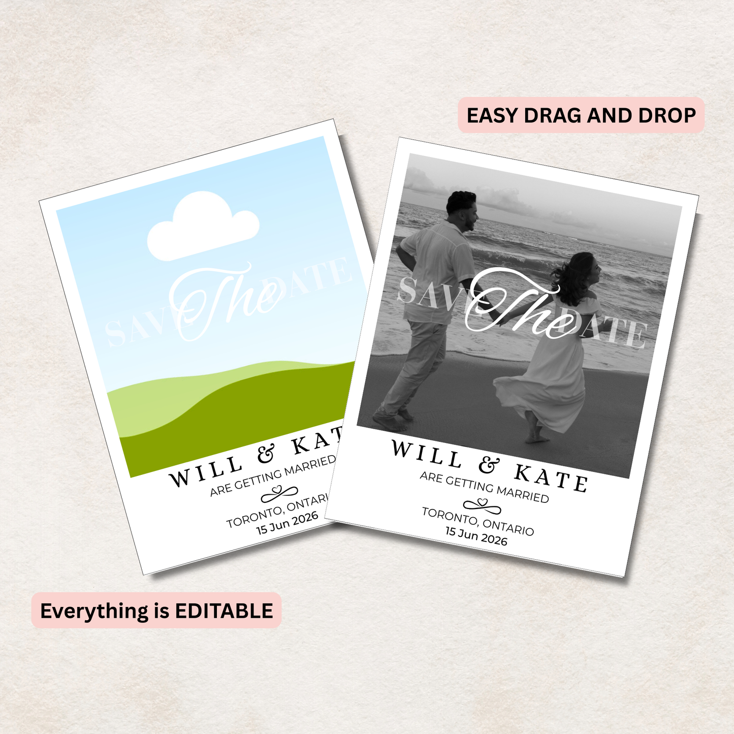 Two customizable save the date cards with editable text on a light background.