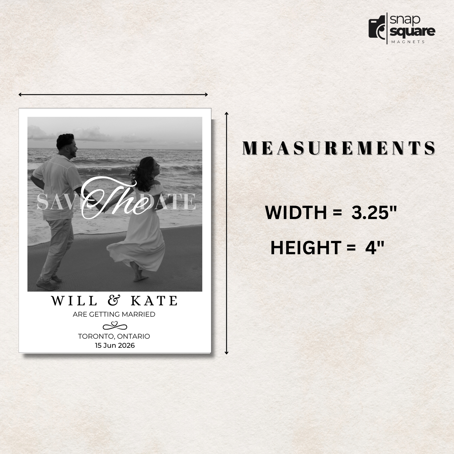 Save the date magnet with a couple on the beach and measurements displayed.