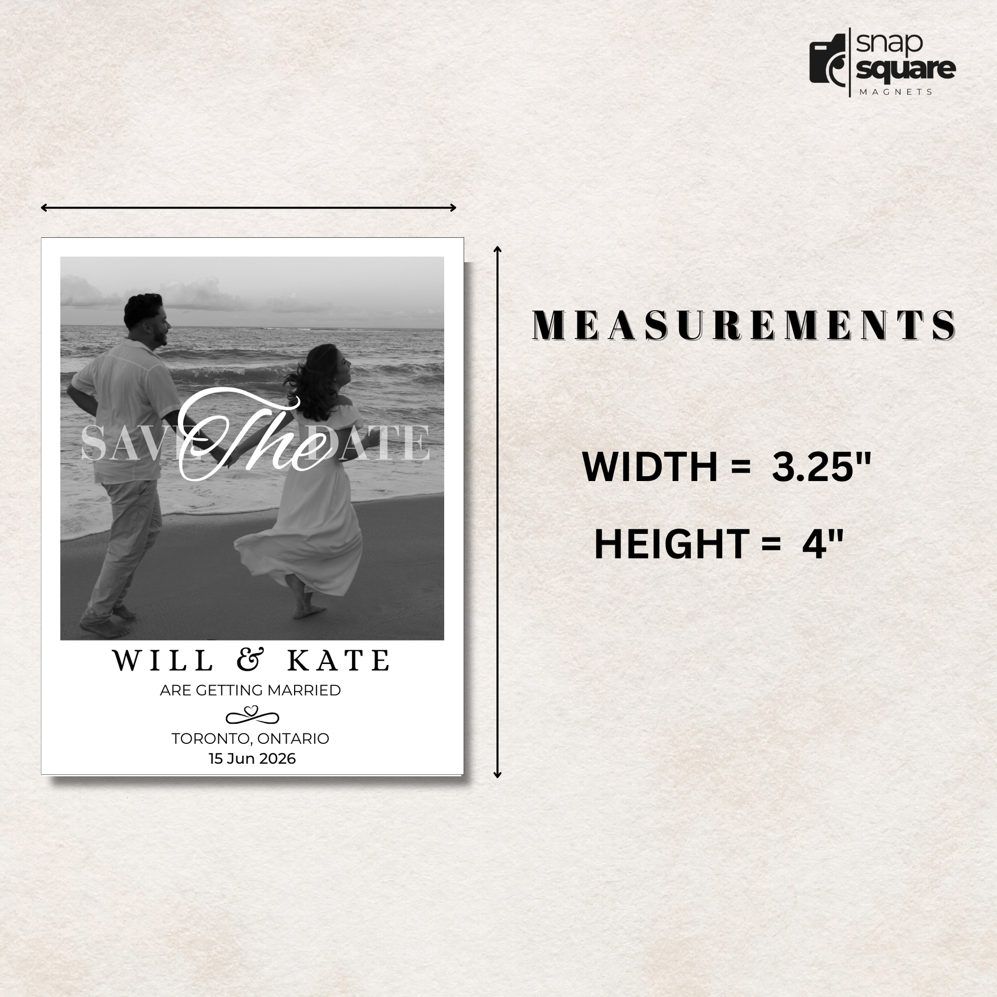 Save the date magnet with a couple on the beach and measurements displayed.
