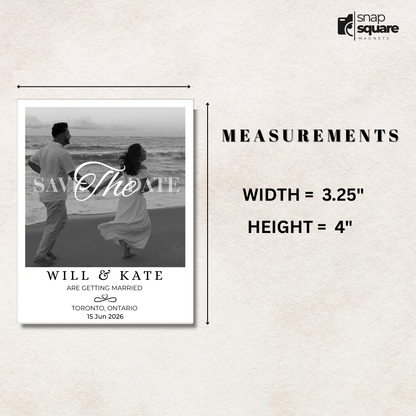 Save the date magnet with a couple on the beach and measurements displayed.
