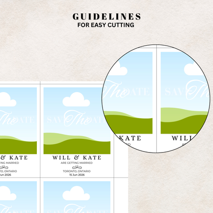 Wedding invitation with scenic design and text 'Will & Kate' on a beige background.