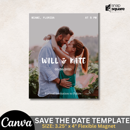 Save the date magnet template with a couple embracing, featuring Canva branding.