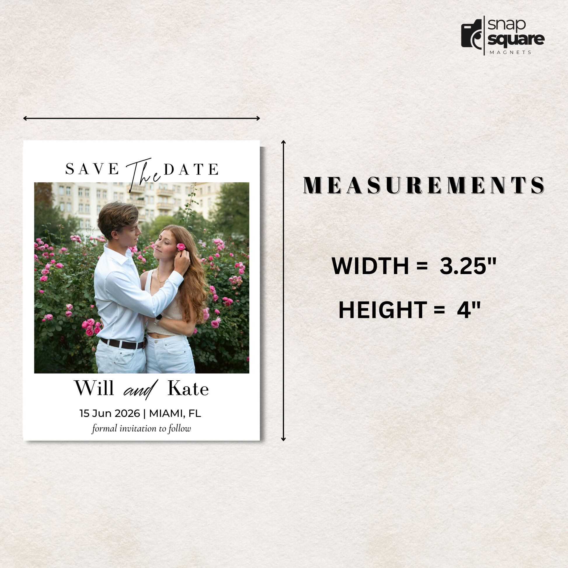 Save the date Canva template with a couple in a garden, showing measurements on a light background.