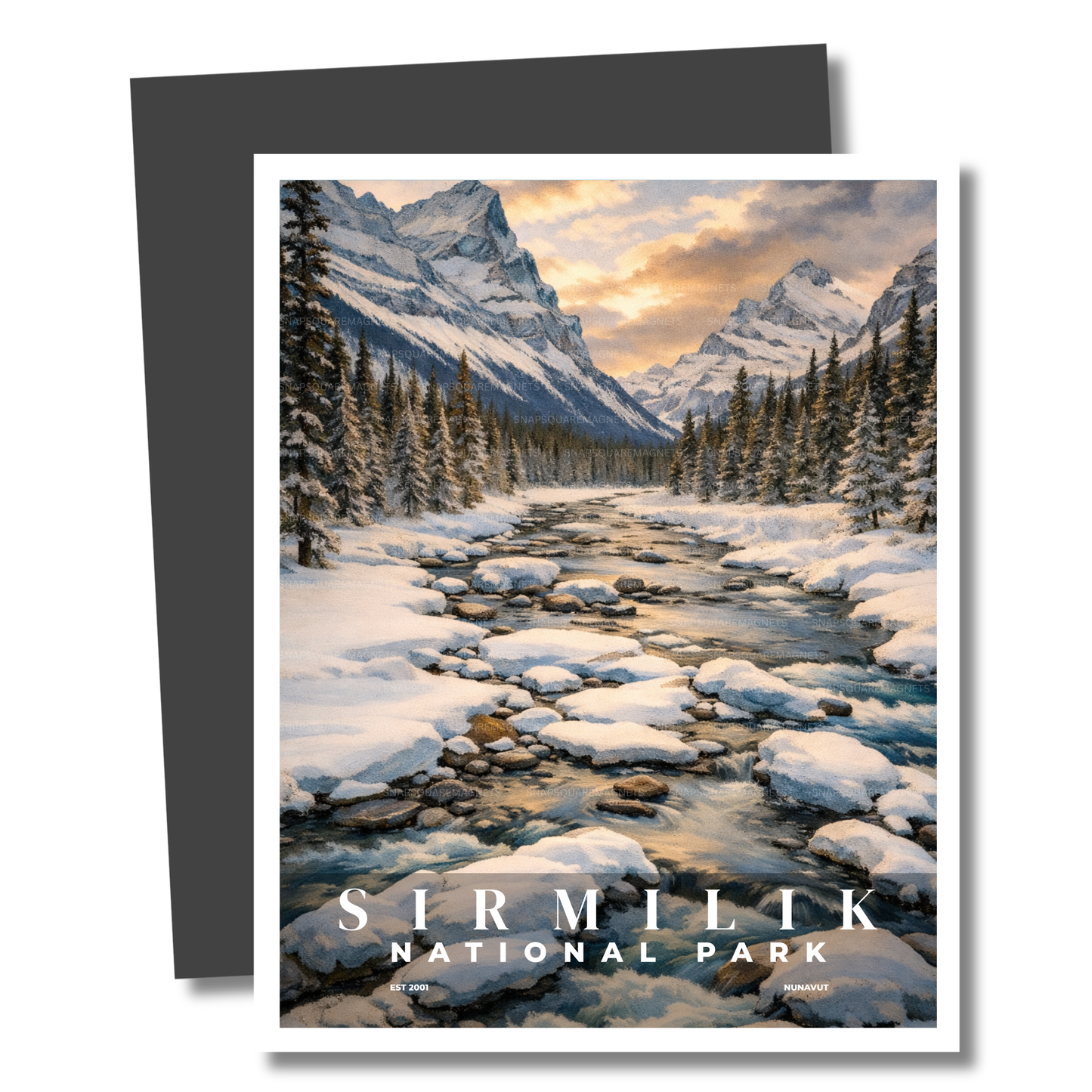 Magnet of Sirmilik National Park with a snowy landscape and river.
