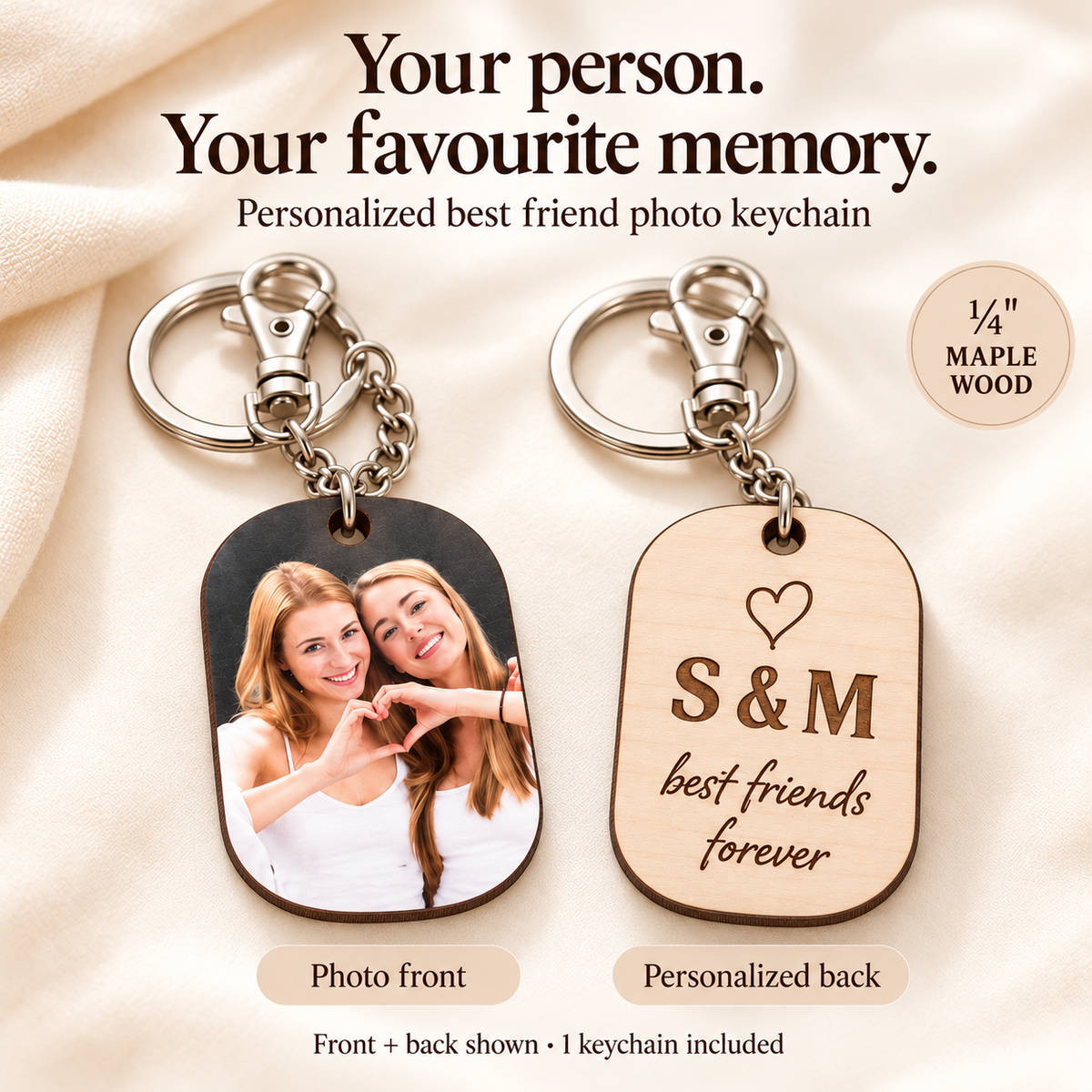 Personalized Best Friend Photo Keychain – Maple Wood