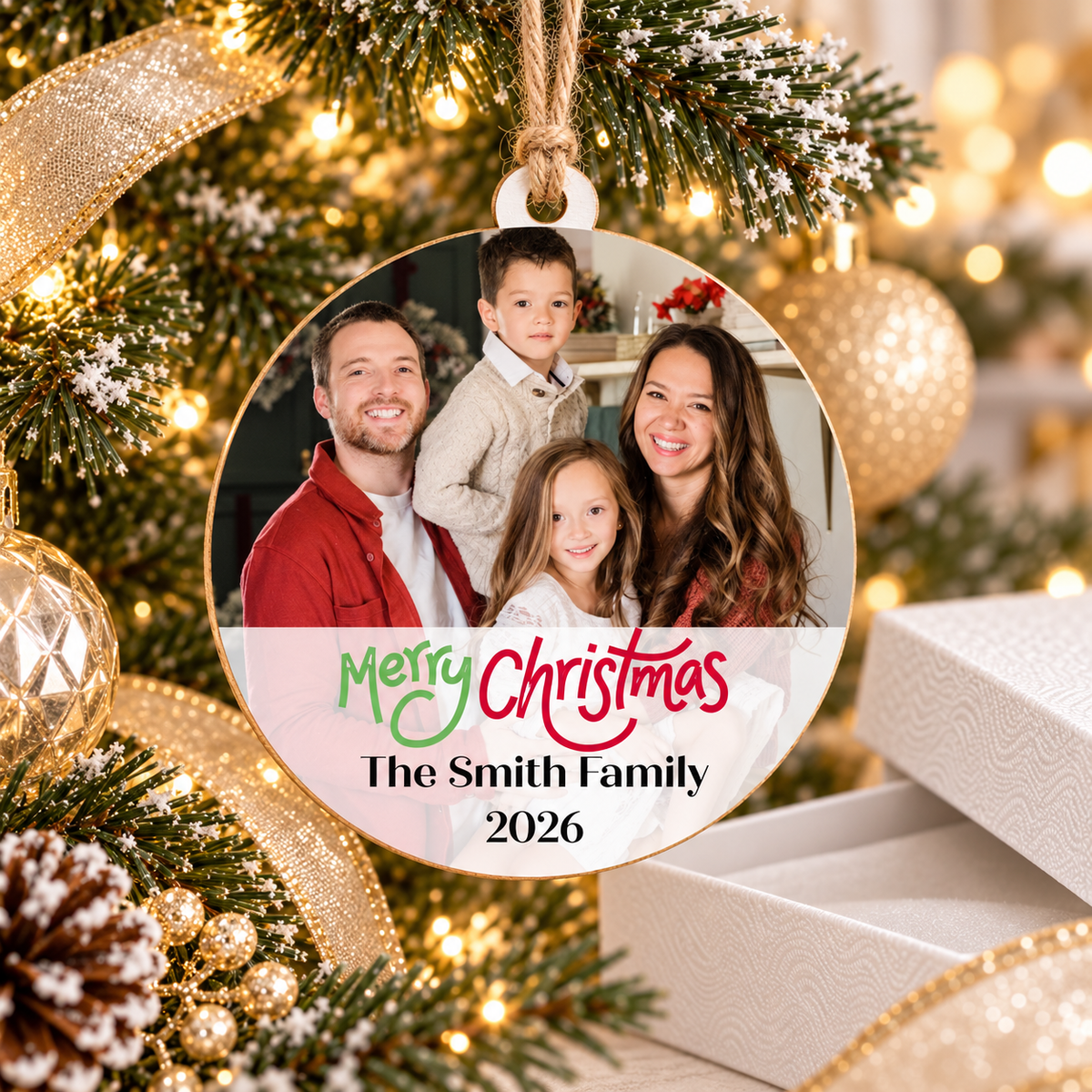 Personalized Family Photo Christmas Ornament – Family Name & Year