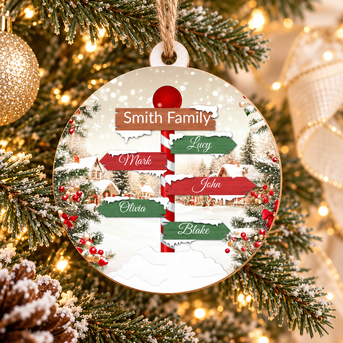 Personalized Family Name Christmas Ornament – Snowy Signpost Design