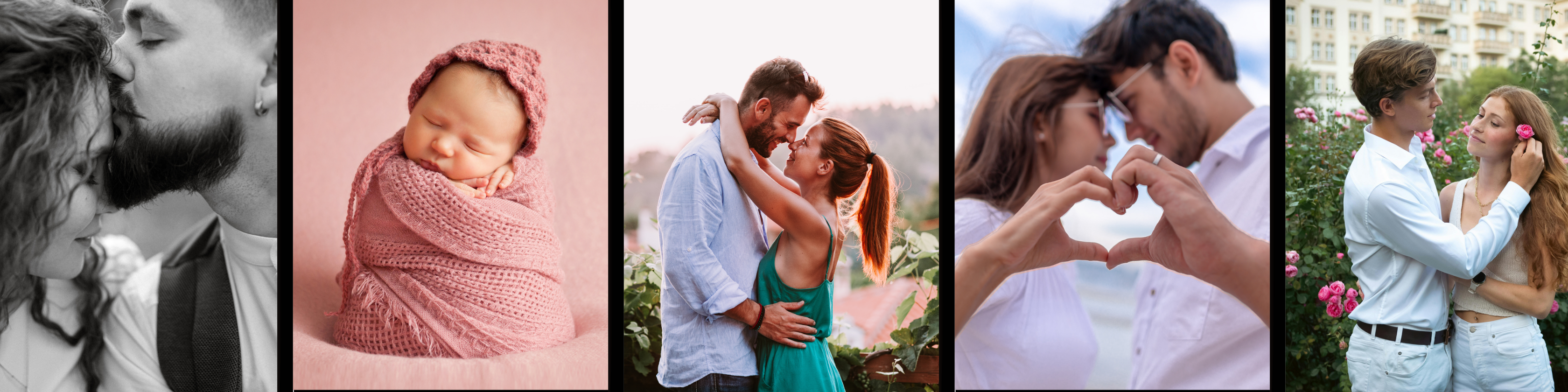 Collage of romantic and intimate moments including a couple, a newborn baby, and a couple embracing.