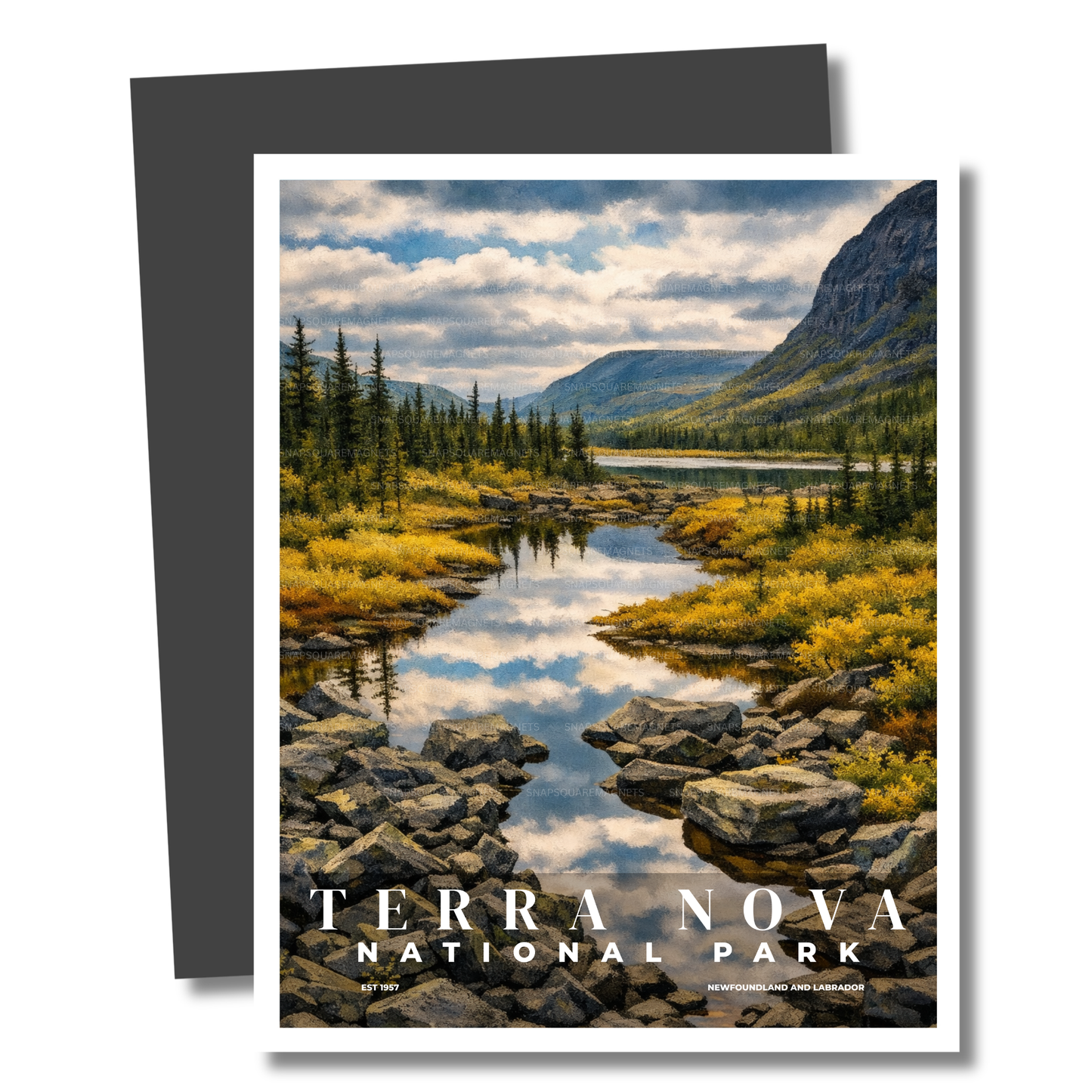 Magnet of Terra Nova National Park with a scenic view of a river and mountains.