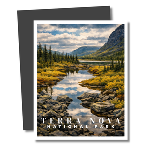 Magnet of Terra Nova National Park with a scenic view of a river and mountains.