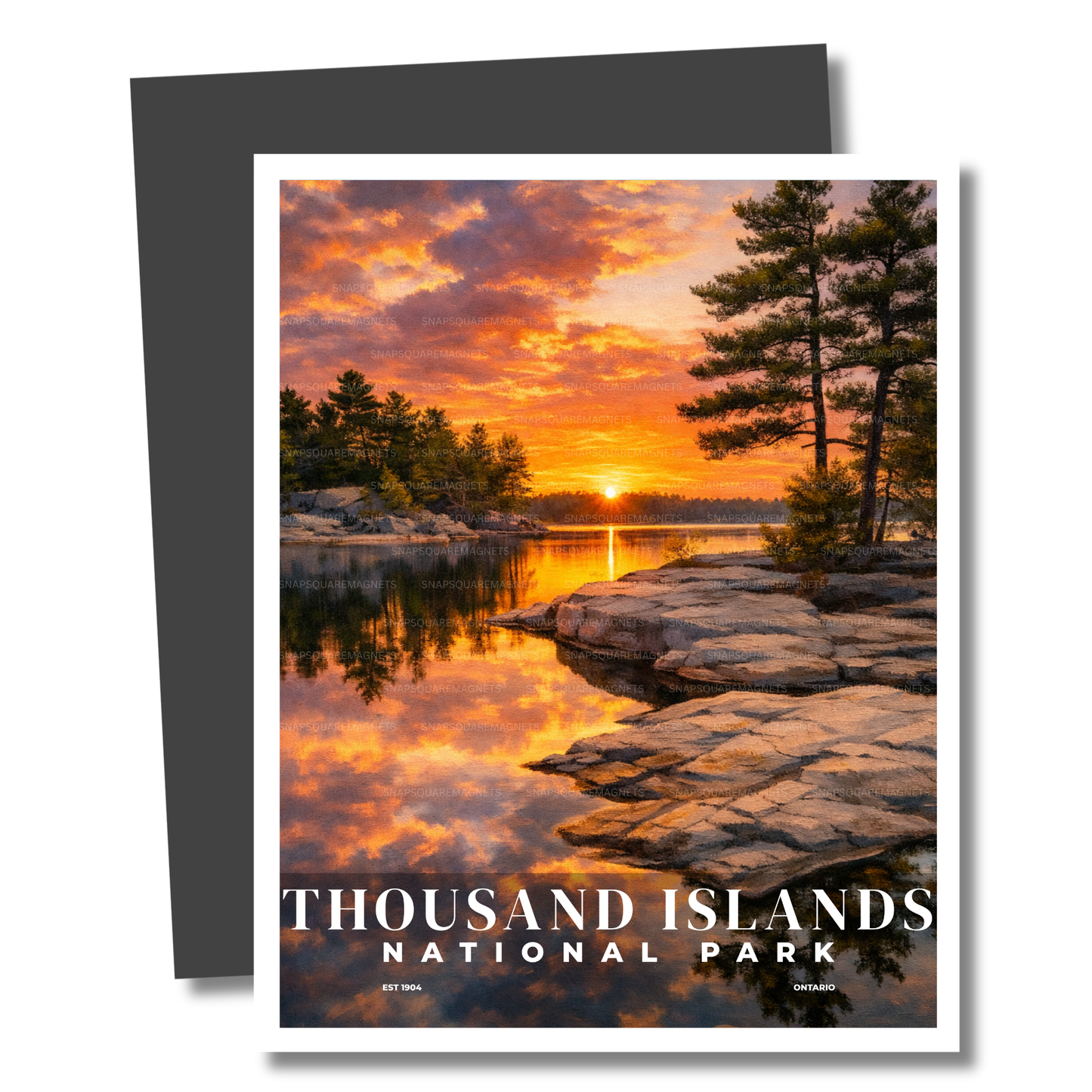 Magnet of Sunset over a lake with trees and rocks, featuring 'Thousand Islands National Park' text.
